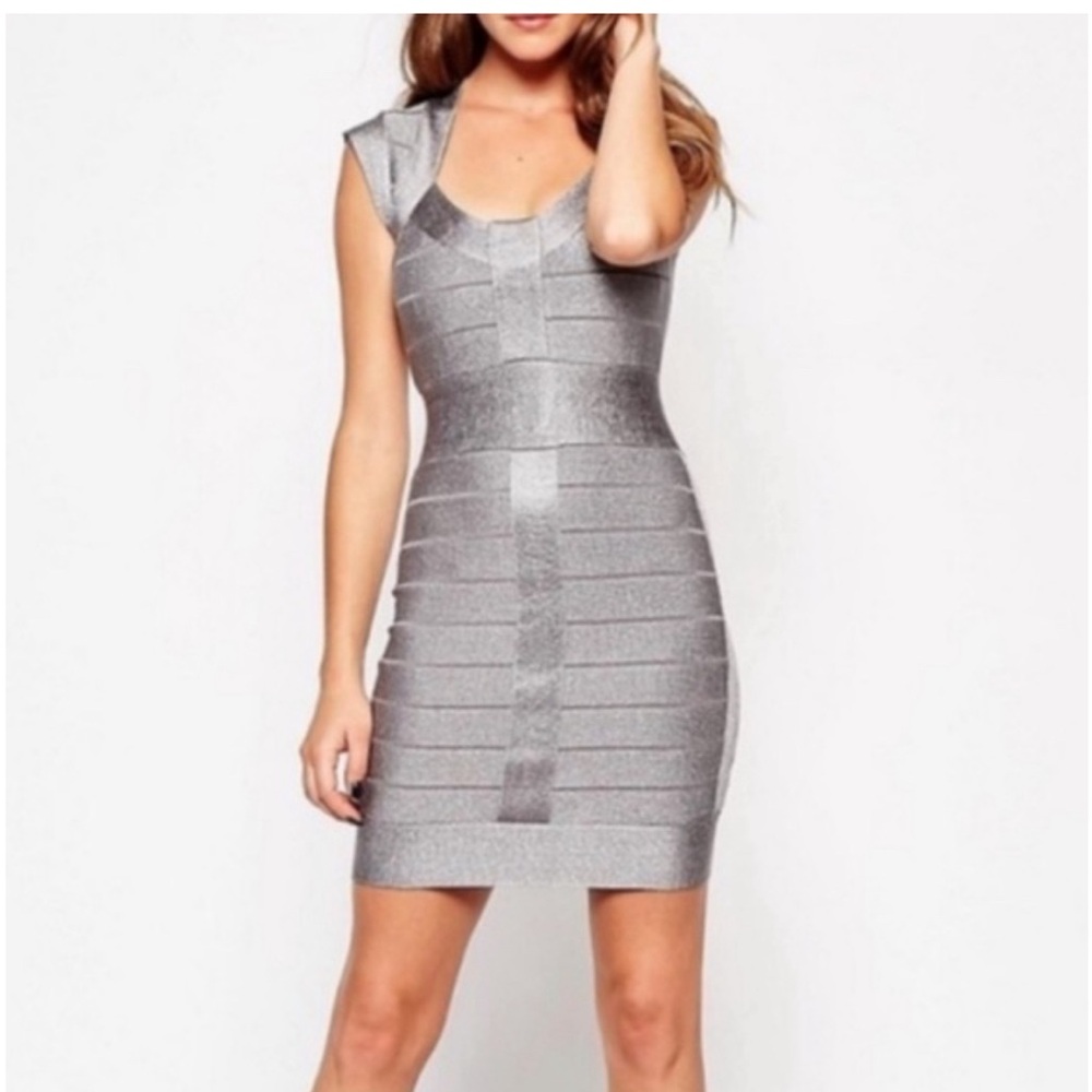 French Connection Spotlight Cap-Sleeve Metallic Silver Bandage Dress size US 8
